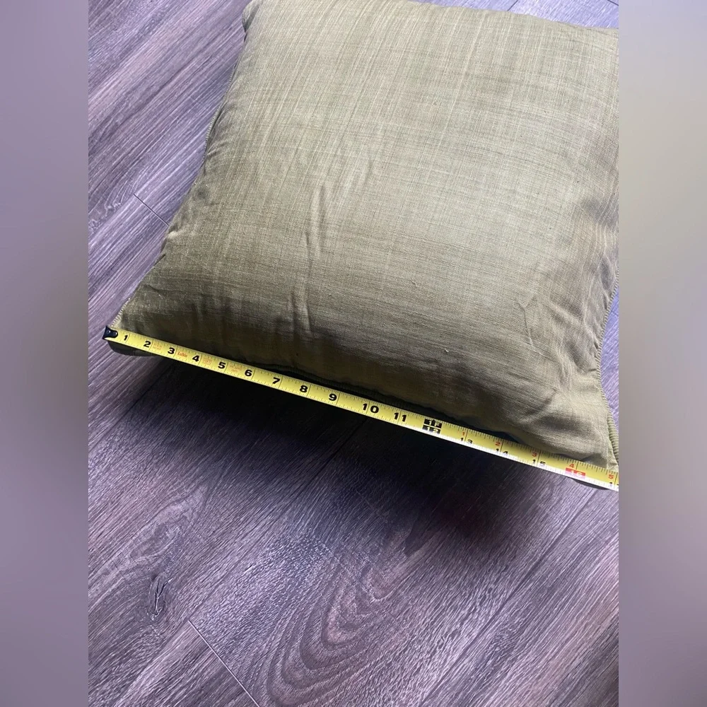 Crate & Barrel pillow cover in olive green and 16 inch pillow (feather filled)